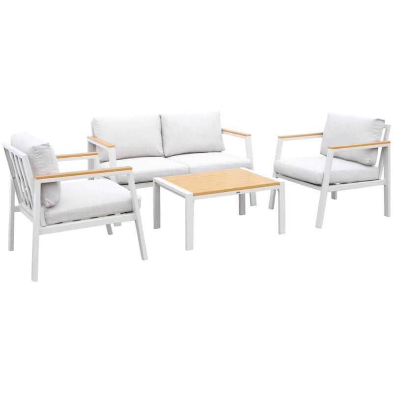 sweeek - Gartenlounge-Set aus Aluminium und Polywood, 4-Sitzer Weiß / Beige
