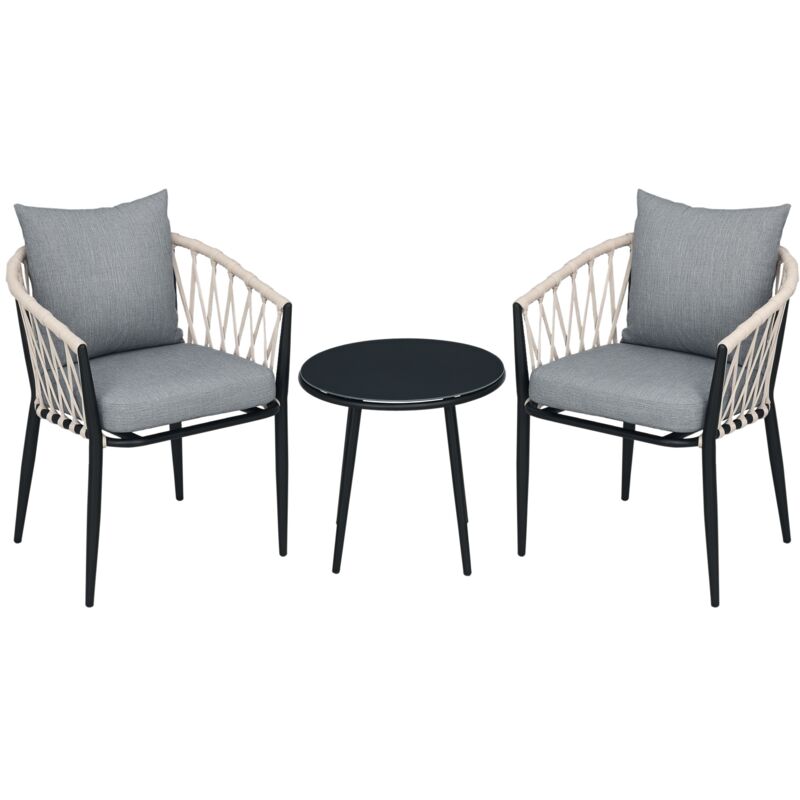3tlg. Gartenmöbel Set, Garten-Bistroset inkl. 1 Tisch, 2 Stühlen mit Sitzkissen, Balkon-Set, Gartengarnitur für Terrasse, Balkon, Stahl, Grau