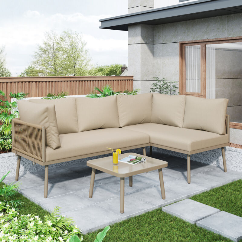 Garten-Lounge-Set aus Eisen, Gartenmöbel-Set, L-förmiges Gartenmöbel-Set, Lounge-Set mit Sitzkissen, verstellbaren Beinen, 2 Sofas und 1 Tisch, Khaki