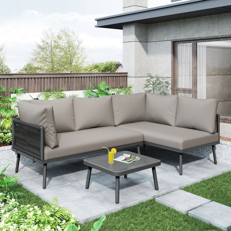 Garten-Lounge-Set aus Eisen, Gartenmöbel-Set aus grauem Seil, L-förmiges Gartenmöbel-Set, graues Lounge-Set aus Seil mit Sitzkissen, verstellbaren