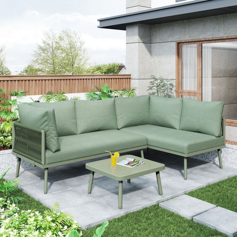Garten-Lounge-Set aus Eisen, Gartenmöbel-Set aus grünem Seil, L-förmiges Gartenmöbel-Set, Lounge-Set aus grünem Seil mit Sitzkissen, verstellbaren