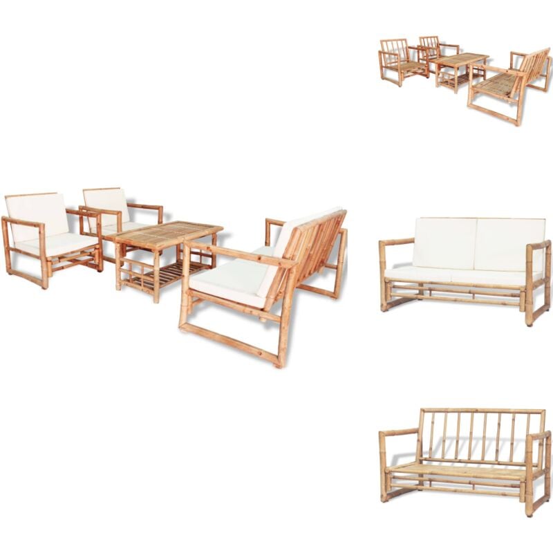 4-tlg. Garten-Lounge-Set mit Auflagen Bambus - Bambus Möbel - Gartenbank - Gartenstuhl - Lounge Set - Outdoor Möbel