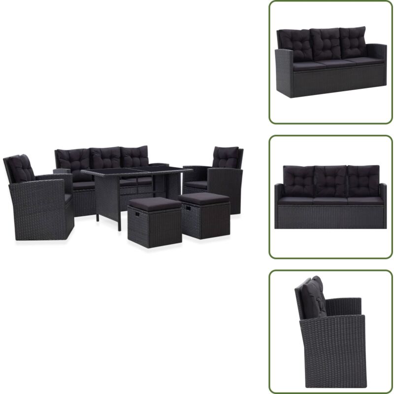 6-tlg. Garten-Lounge-Set mit Kissen Poly Rattan Schwarz - Outdoor Möbel - Garten Lounge Set - Rattan Gartenmöbel - Balkonmöbel - Esstisch