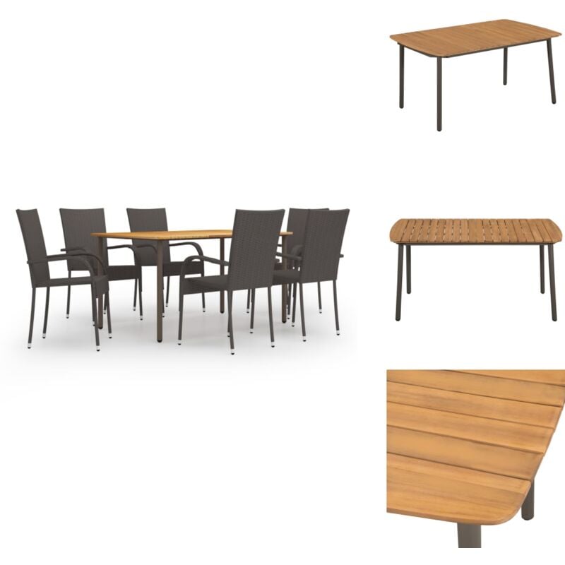 7-tlg. Garten-Essgruppe Poly Rattan Braun - Gartenmöbel - Essgruppe - Outdoor Möbel - Holztisch - Rattanstuhl