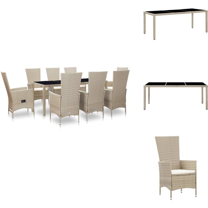 9-tlg. Garten-Essgruppe mit Auflagen Poly Rattan Beige - Esszimmerset - Gartenmöbel - Outdoor Möbel - Rattan Gartenmöbel - Gartentisch
