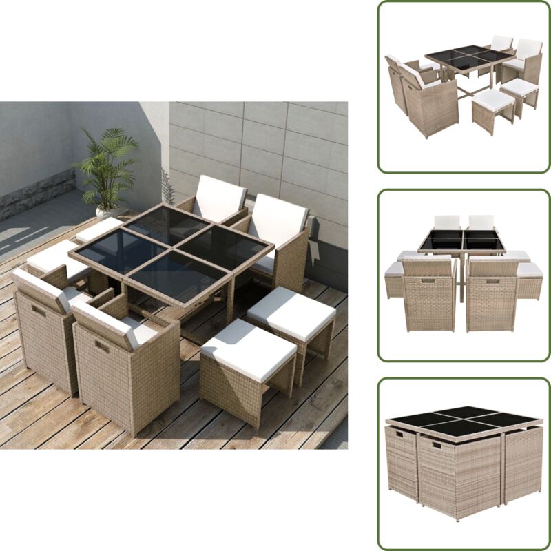 9-tlg. Garten-Essgruppe mit Auflagen Poly Rattan Beige - Gartenmöbel - Essgruppen - Rattan Möbel - Outdoor Möbel - Balkonmöbel