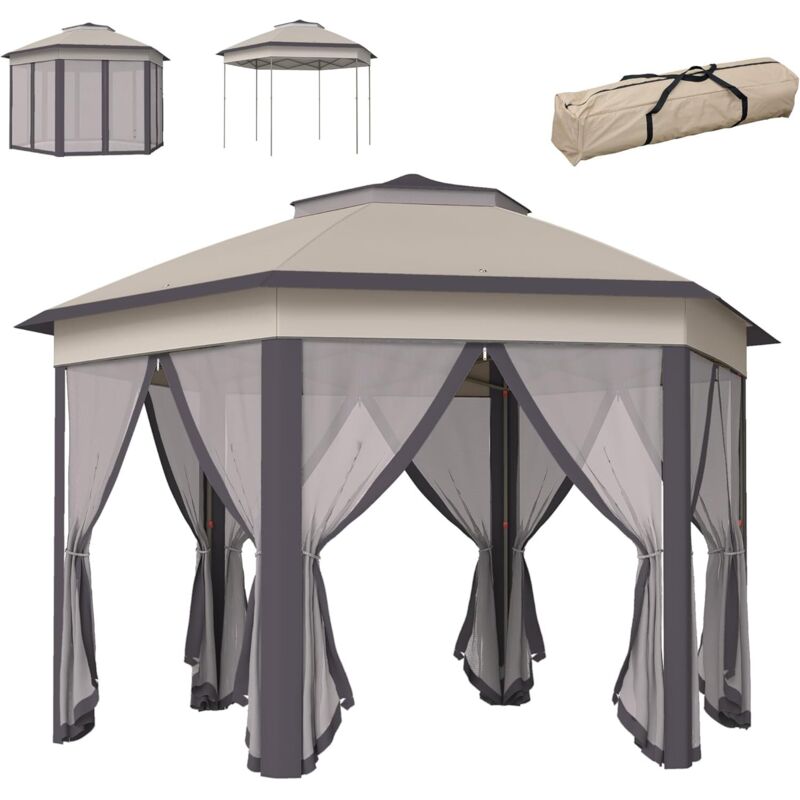 Gartenpavillon Faltpavillon 4x4m Pop-Up-Zelt Partyzelt mit Tragetasche und 6 Seitenteilen, Doppeldach sechseckig in Kaffee und Beige