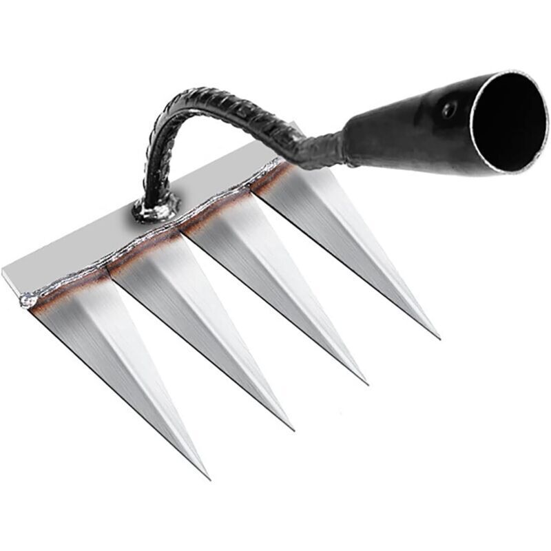 Gartenrechen, Gartengeräte, Unkrautrechen, Gartengeräte, Rasenrechen, Handvertikutierer mit 4 Stahlzinken, Gartenhacke, zum Jäten/Bodenlockern/Säen