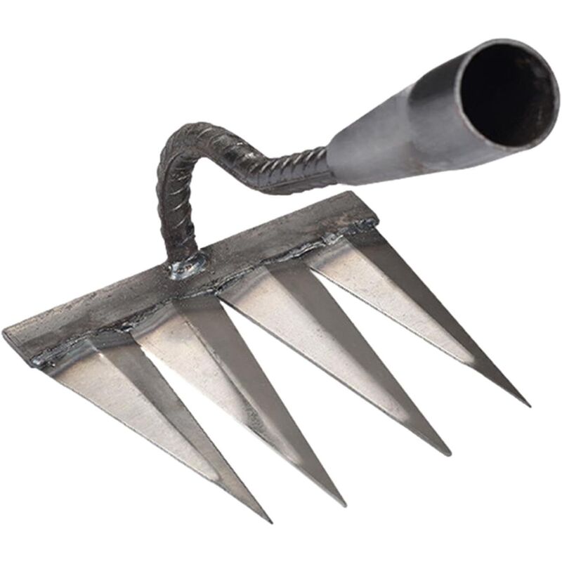 Gartenrechen, Unkrautrechen mit 4 Stahlzinken, Hand-Gartengeräte, manueller Rasenlüfter, Gartenhacke, Gartengeräte zum Säen, Jäten, Auflockern von