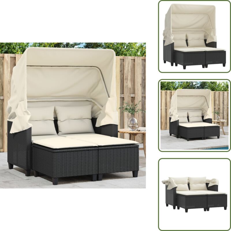 Gartensofa 2-Sitzer mit Dach und Hockern Schwarz Poly Rattan - Gartensofa - Outdoor Möbel - Gartenmöbel - Rattan Gartenmöbel - Sonnendeck