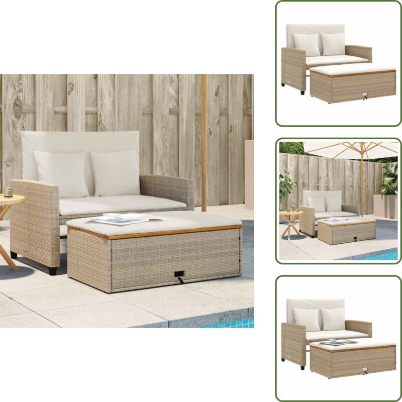 Gartensofa mit Kissen 2-Sitzer Beige Poly Rattan & Akazienholz - Gartensofa - Outdoor-Sofa - Rattan-Sofa - 2-Sitzer-Sofa - Liegesofa