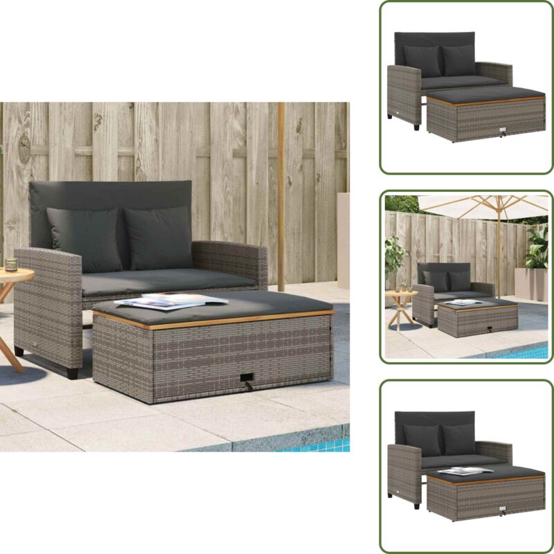 Gartensofa mit Kissen 2-Sitzer Grau Poly Rattan & Akazienholz - Gartensofa - Outdoor-Sofa - Rattan-Sofa - 2-Sitzer-Sofa - Relaxsofa
