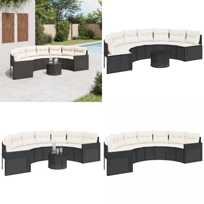 Gartensofa mit Tisch und Kissen Halbrund Schwarz Poly-Rattan - Gartensofa - Outdoor-Sofa - Halbrunder Gartensofa - Lounge Set - Gartenlounge - Home &