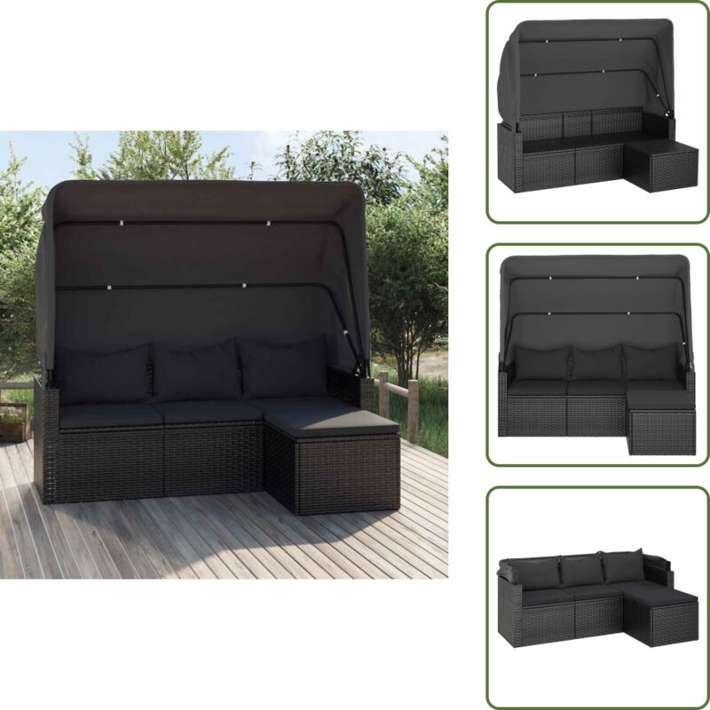 3-Sitzer-Gartensofa mit Dach und Fußhocker Schwarz Poly Rattan - Outdoor Möbel - Gartensofa - Esszimmergarnitur - Balkonmöbel - Lounge Set