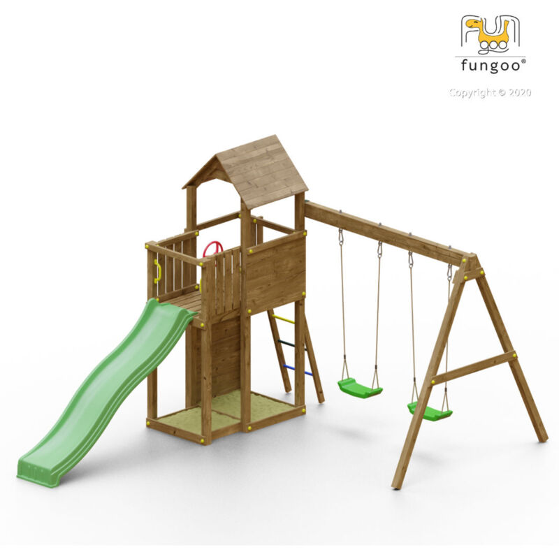 Spielturm 'Boomer 3', teak, mit Rutsche, Doppelschaukel, Leiter, Griffe, Kletterwand und Holzdach - Fungoo