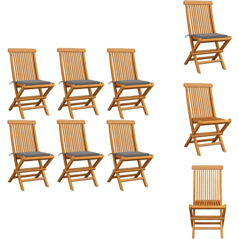Vidaxl - Gartenstühle mit Grauen Kissen 6 Stk. Massivholz Teak - Gartenstühle - Teakholzmöbel - Outdoormöbel - Esszimmerstühle - Klappstühle