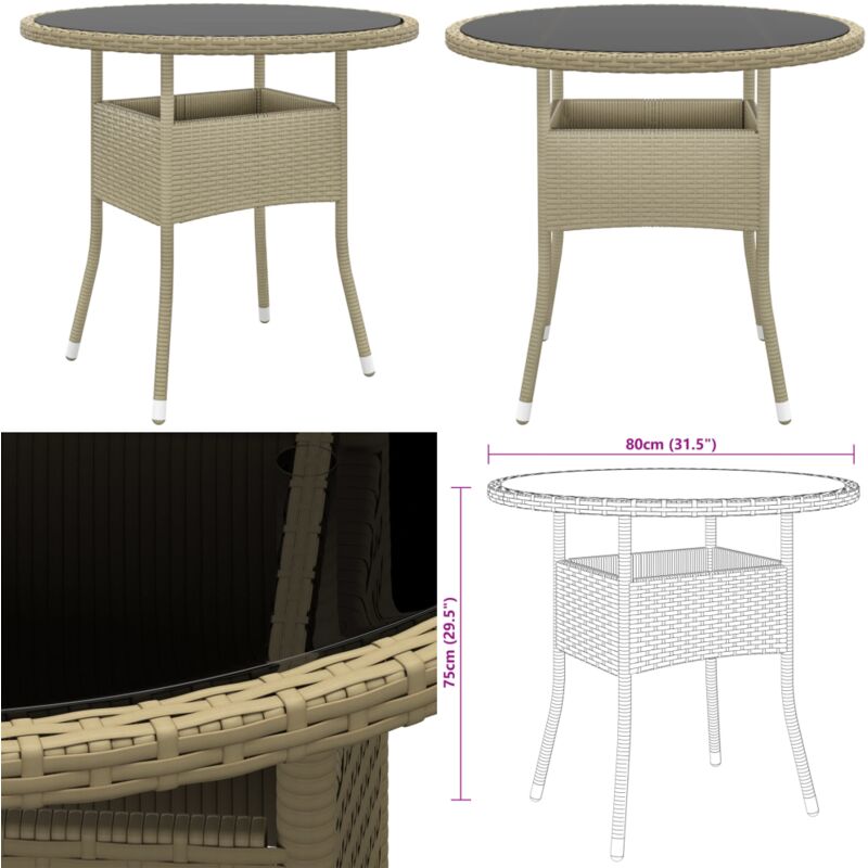 Gartentisch Ø80x75 cm Hartglas und Poly Rattan Beige - Gartentisch - Polyrattan Tisch - Outdoor Tisch - Gartenmöbel - Balkonmöbel - Home & Living