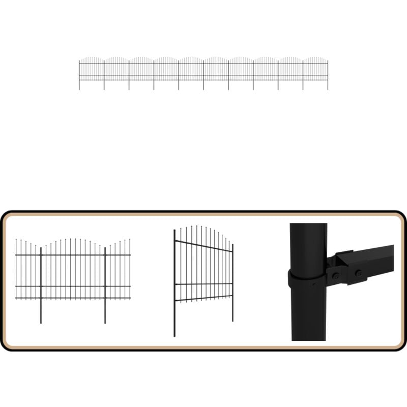 Gartenzaun mit Speerspitzen Stahl (1,5 - 1,75) x 17 m Schwarz - Gartenzaun - Stahlezaunt - Metallzaun - Sicherheitszaun - Hauszaun