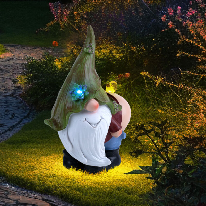 Gartenzwerg Wichtel mit Vogel Solarleuchte Solarlampe Gartendeko Außenlampe Balkon Akku, IP44 Wetterfest, Kunststoff bunt, 1x led kaltweiß, LxBxH