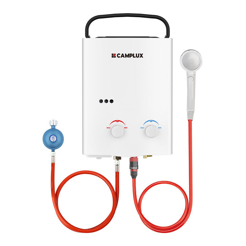Tragbare Gas-Wassererwärmer 5L/min 10kW, Durchlauferhitzer mit Propan/Butan-Gas - AY132-DE - 50 mbar - Weiß - Camplux