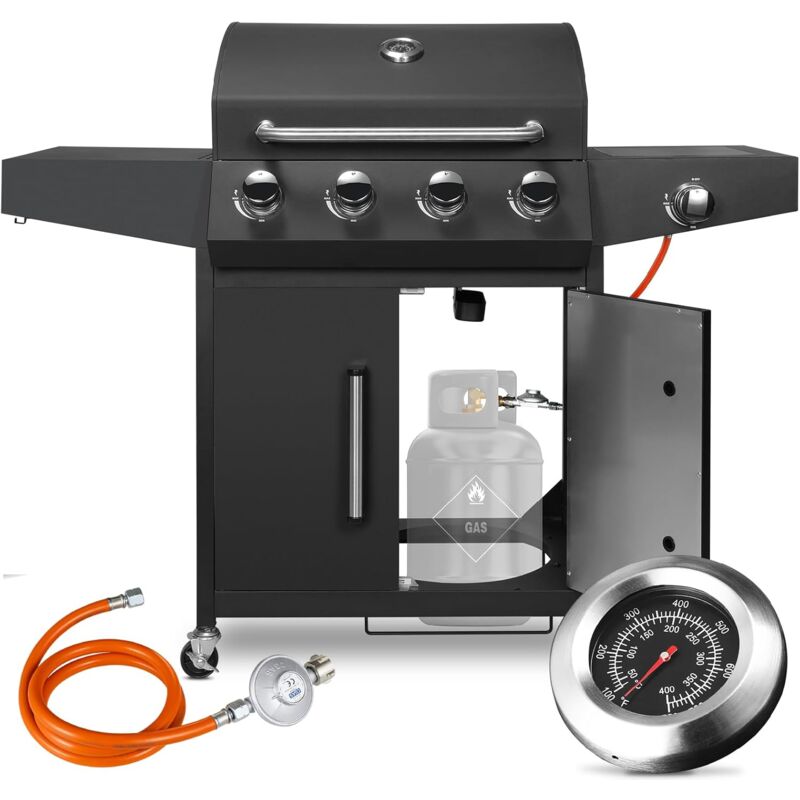 Gasgrill 4+1 Edelstahl Brenner,15 kw Gas Grillwagen BBQ mit Seitenkochfeld,Gasgriller,Standgrill,Camping Gaskocher,Grillküche (Schwarz)