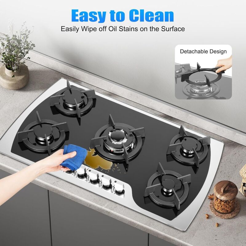 Gasherd mit 5 Flammen, Gaskochfeld Einbau-Gaskocher mit Glasplatte für Propan- und Erdgas, Gas-Herdplatte Wok Brenner für Zuhause & Wohnmobil,