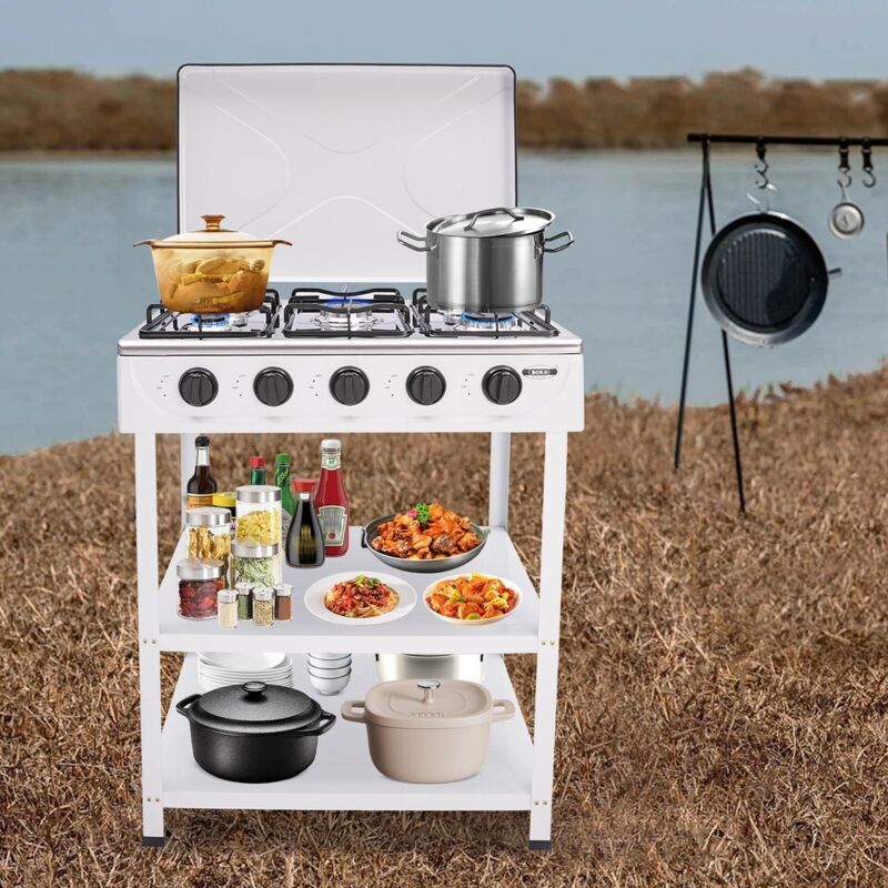 Gasherd mit 5 Kochstellen, Erdgasherd mit 5 Kochstellen, Gasherd mit Klappdeckel, freistehender Gasherd, geeignet für Camping im Wohnmobil.