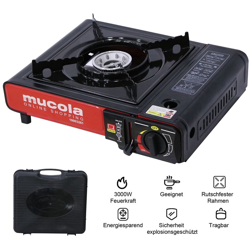 Gaskocher Campingkocher Gasherd Koffer Herd Kartuschenkocher Kochfeld Schwarz Hockerkocher Propangas Herd
