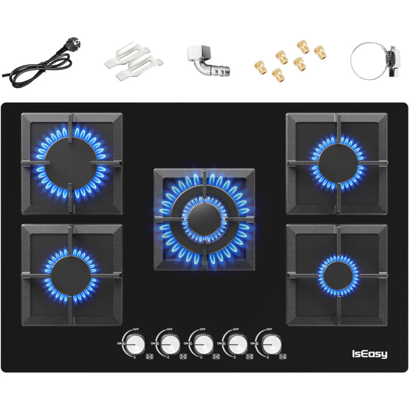 Iseasy - Glas Gaskochfeld 5 Flammig mit Automatischer Thermoelementschutz,L77 x P51 cm, Einbau Gaskochfeld,5 Zonen Gaskocher, Erdgas/Propangas,