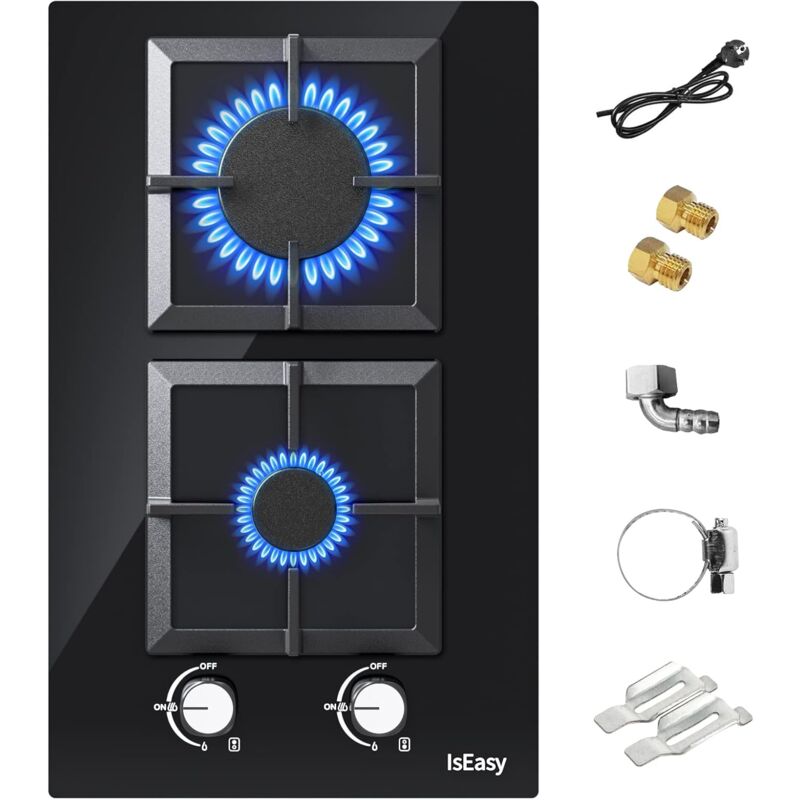 Iseasy - Glas Gaskochfeld 2 Flammig, Automatischer ,Thermoelementschutz, Schwarz Einbau Kochfeld Glas,2 Zonen 2700W/1000W, 31cm, Erdgas/Propangas