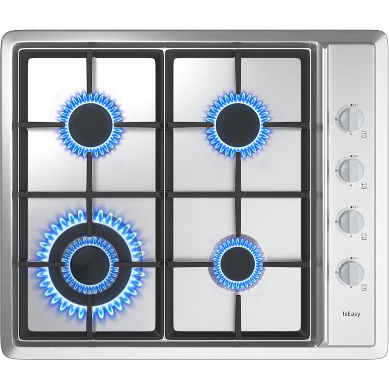 Gaskochfeld 4 Flammen Einbauherd,L60 x P51 cm, 4 Kochfeldern Erdgas Propangas Silbrig(4 Brenner – Edelstahl)