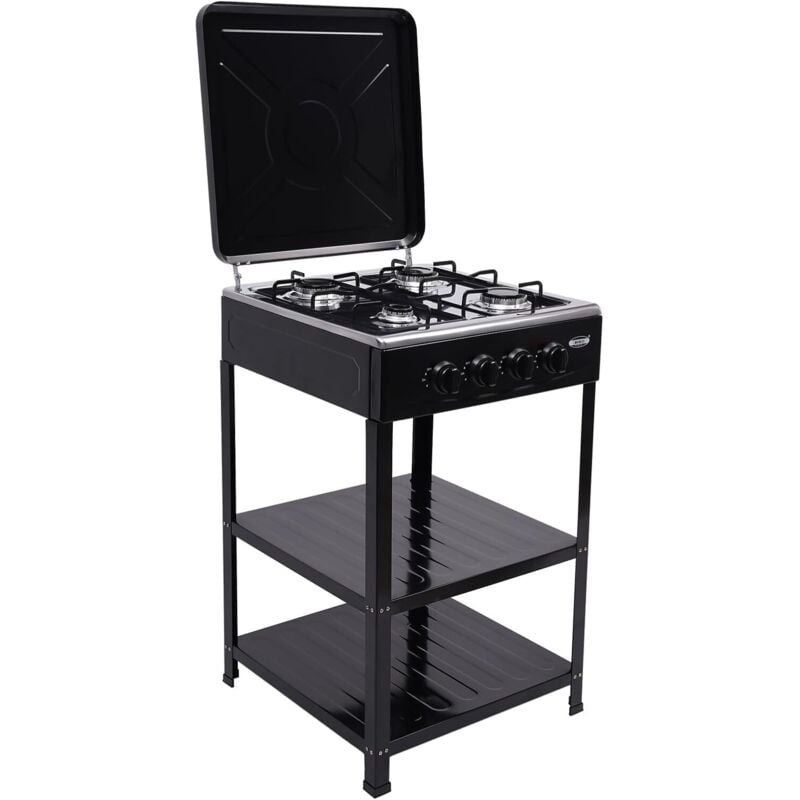 Gaskochfeld 4 Flammen, Erdgasherd mit 4 Brennern, Freistehender Naturgasherd mit 2 Etagen Regal und Deckel, Gasherd für Erdgas, Tragbarer Campingofen