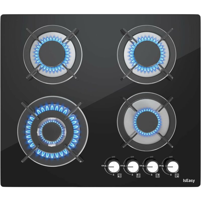 Iseasy - Gaskochfeld 4 Flammig,L60 x P52 cm Gaskochfeld Glas mit Automatischer Thermoelementschutz, Einbau Kochfeld Glas, Erdgas/Propangas, Schwarz