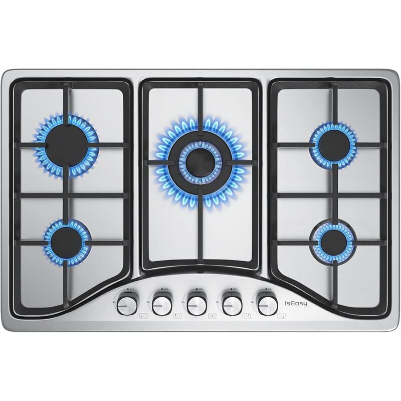 Gaskochfeld 5 Kochfelder, Einbau Gaskochfeld L76 x P50 cm, 5 Zonen Gaskocher, Erdgas/Propangas, Schwarz Glasherd, 220-240V