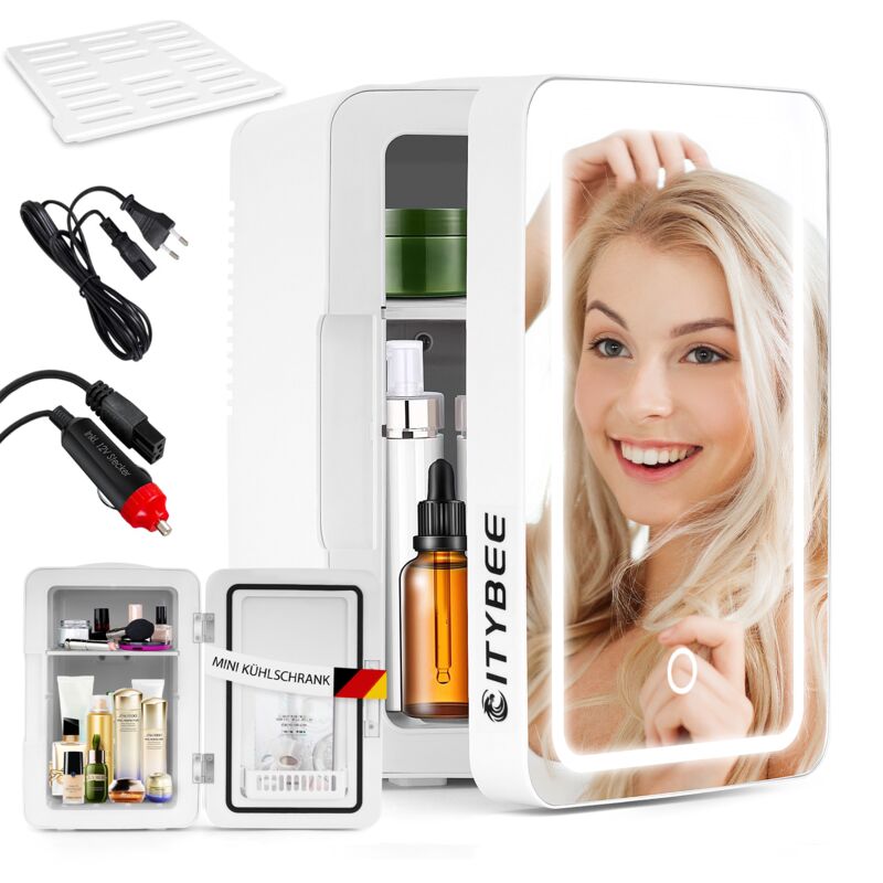 Mini Kühlschrank Fridge 6L - Kühlschränke Klein 12V 230V Läuft Leise mit Spiegel&LED-Beleuchtung - Skincare Kühlschrank für Kosmetik