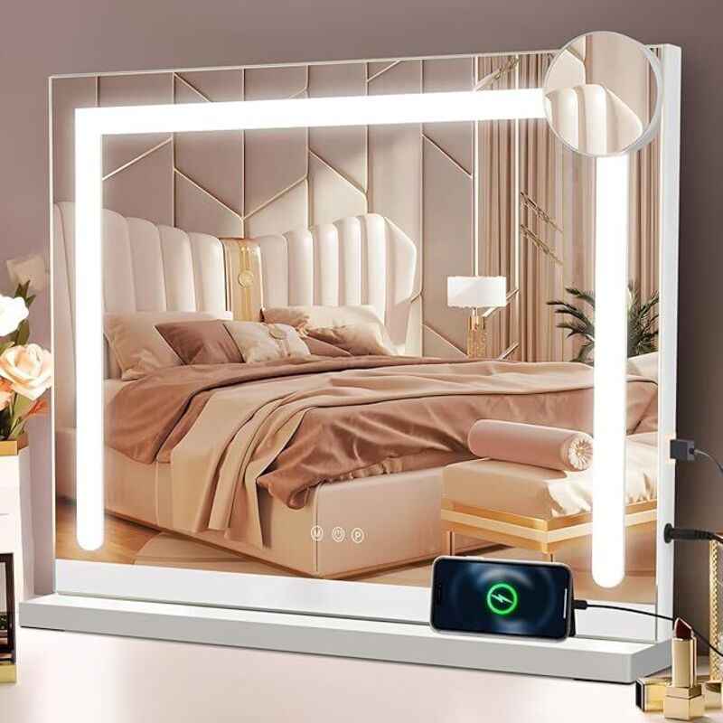 GBLY Schminkspiegel mit Beleuchtung 58 x 46 cm Schminktisch Spiegel mit Licht Touch dimmbare LED 3 Farblichtmodi 5-facher Vergrößerung USB Anschluss