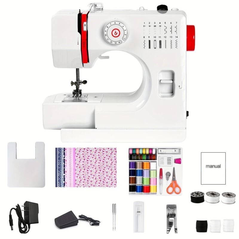 Geeignet für Kinder und Anfänger, professionelle Nähmaschine, tragbare Nähmaschine mit 14 verschiedenen Stichen, inklusive Nähset und Fußpedalen