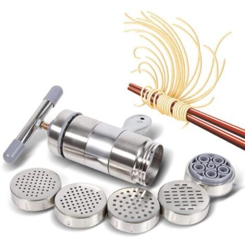 Geeignete manuelle Nudelmaschine, manuelle Nudelpresse aus Edelstahl mit 5 Formen, tragbare Steuerung für frische Nudeln, Fettuccine, Spaghetti,