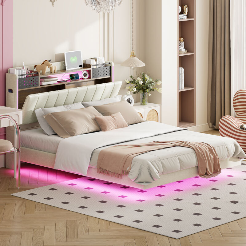 140200 gepolstertes Bett mit LED-Beleuchtung und USB-Anschluss, Kopfteil mit Stauraum, schwebendes Bett für junge Erwachsene, Leinenstoff, beige