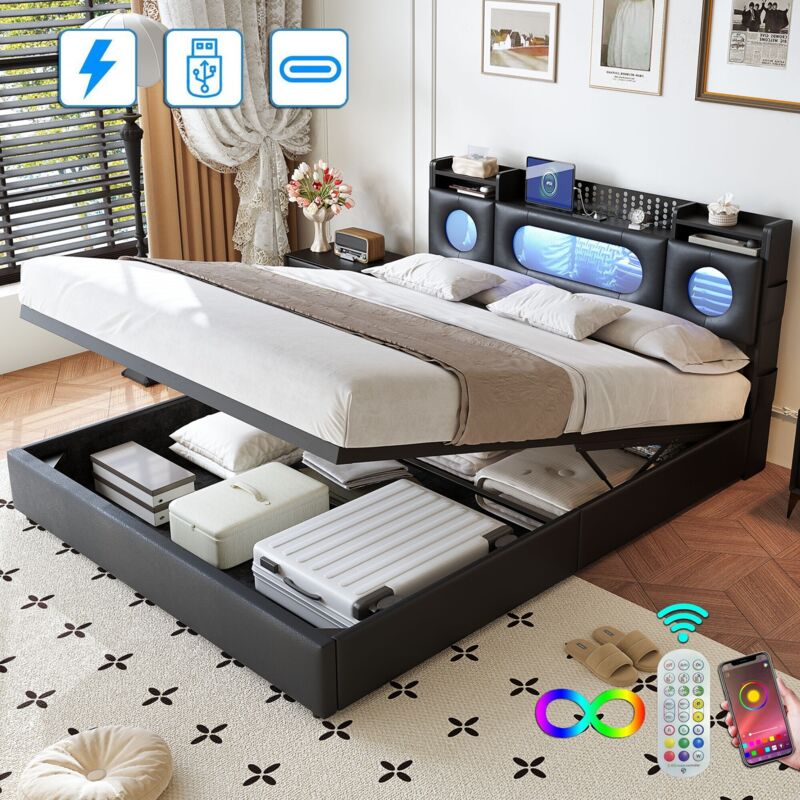 Gepolstertes Bett mit Stauraum, 160x200 cm, mit LED-Kopfteil, Stauraum, USB- und USB-C-Ladeanschluss, PU-Leder, Bett für Teenager – Schwarz
