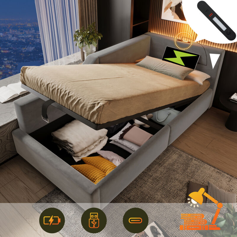 Gepolstertes Chaiselongue-Bett 90x200cm, Schlafsofa mit hydraulischem Staufach, Leselampenfunktion und USB-C-Ladefunktion, Kinderbett, Bett für