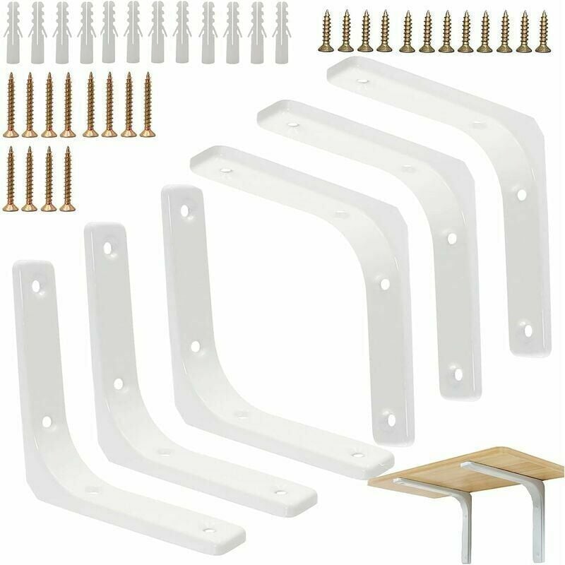 Jalleria - Gerade Winkelhalterungen, 6 Stück, weiße Regalhalterung, weiße L-förmige Wandhalterung, Regalhalterung, 100 mm, Regalhalterung, weiße