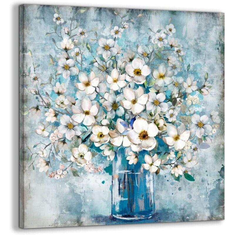 Gerahmtes Leinwandbild, weiße Blume in einer blauen Flasche, fertig zum Aufhängen
