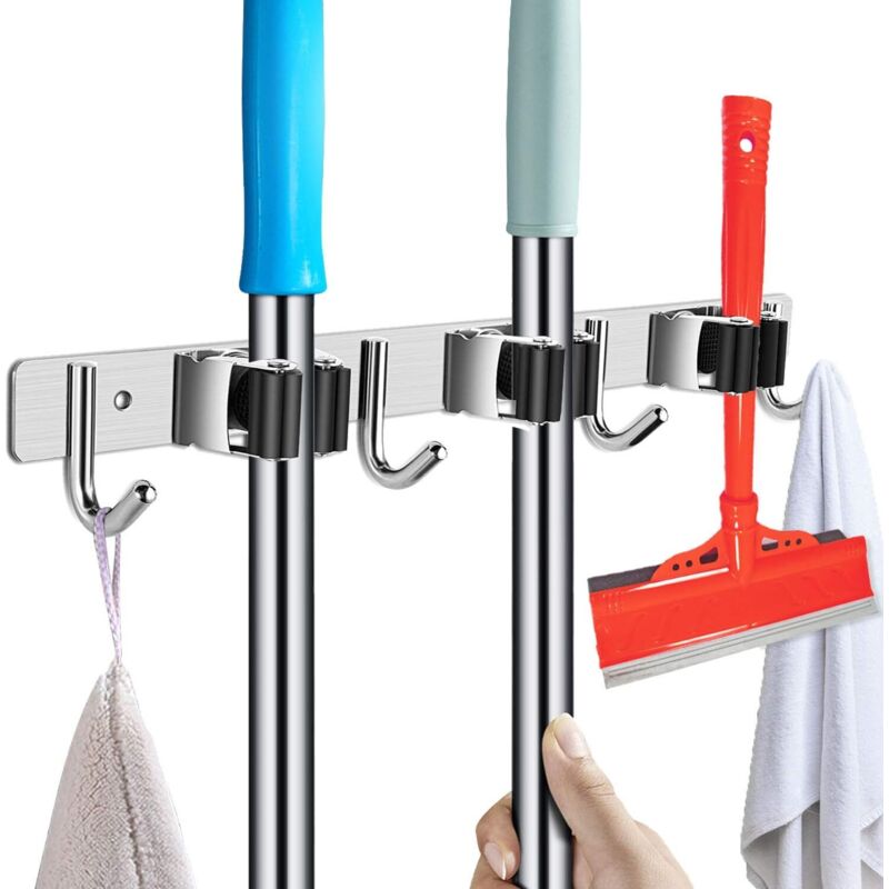 Gerätehalter aus Edelstahl – Besenhalter für die Wand, selbstklebender Gartengeräte-Besenhalter (mit Schrauben und Klebestreifen) – 3 Halter und 4