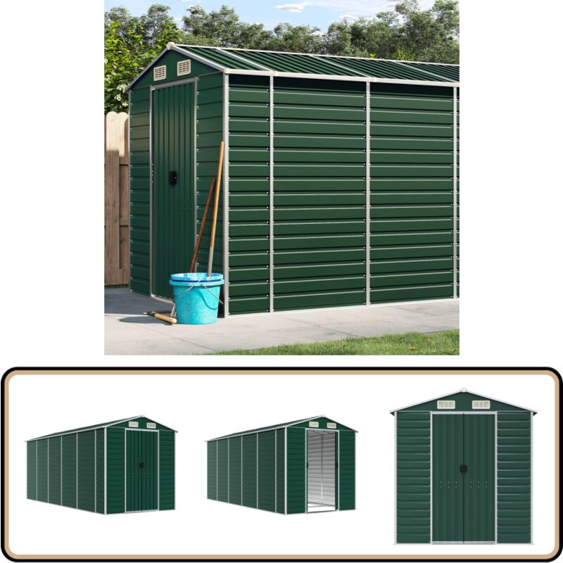 Gerätehaus Grün 191x470x198 cm Verzinkter Stahl - Geräteschuppen - Gartenhaus - Werkzeuglager - Outdoor-Lagerraum - Grünes Gartenhaus