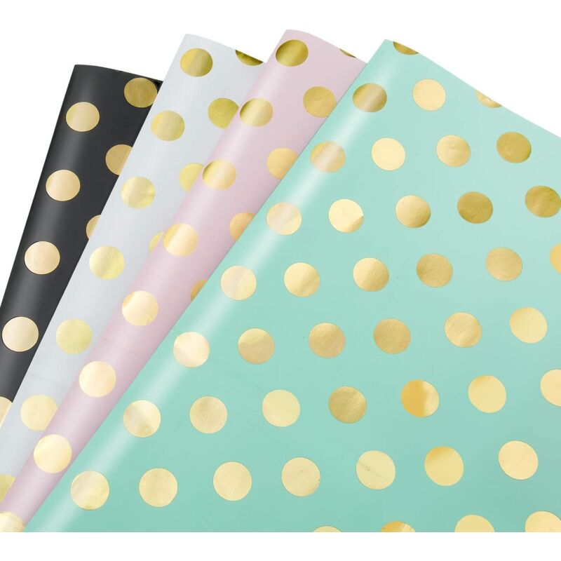 Geschenkpapier, 4er-Set Geschenkpapier mit Goldpunktmuster für Geburtstag, Feiertage, Hochzeit, Babyparty (4 Farben, 70 x 50 cm)