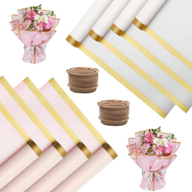 Geschenkpapier für Blumensträuße, 40 Blatt, rosa und weiß, wasserfest, Floristen-Geschenkpapier, 2 Fischgrätenbänder zum Verpacken von Geschenken,