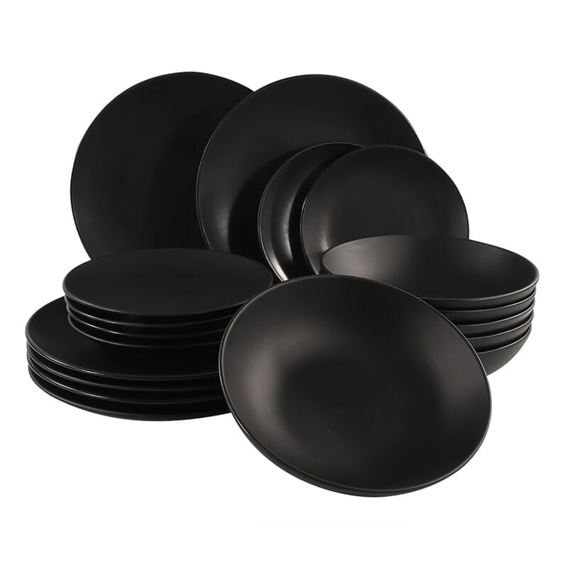 Feinkeramik Geschirr Service in schwarz matt - 18-teilig - Geschirr Set 6 Personen Kuchenteller Speiseteller Suppenteller - Tafelgeschirr Essgeschirr