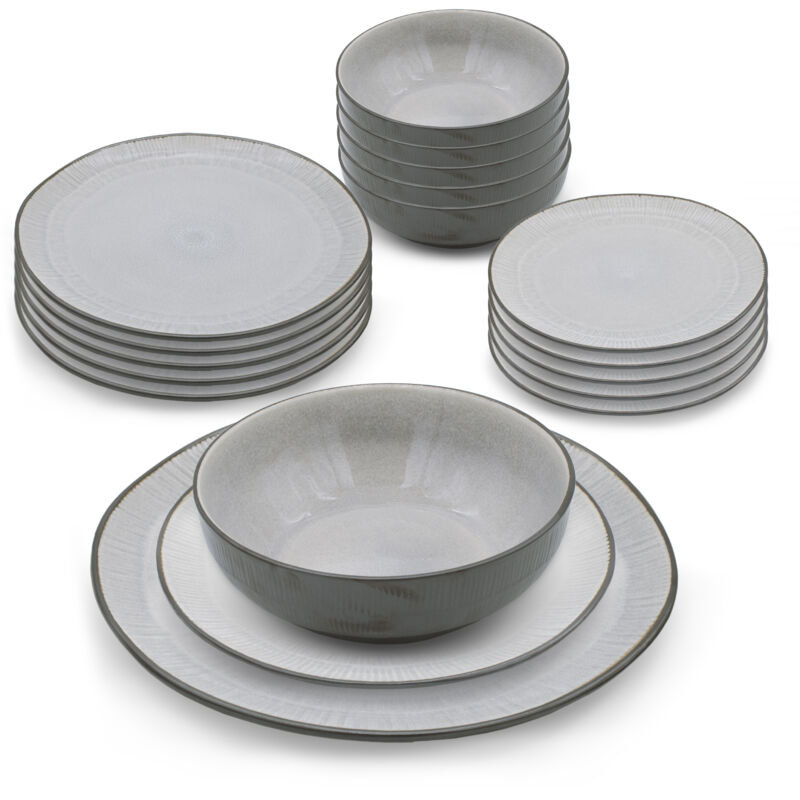 Geschirr Service aus Porzellan mit Steingut Optik in grau – 18 Teile - Tafelgeschirr für 6 Personen aus je 6x Kuchenteller Speiseteller Müslischale
