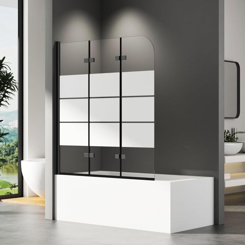 Boromal - Gestreift Duschwand für Badewanne 130x140cm 3-teilig faltbar Duschtrennwand für Badewanne Duschabtrennung Badewanne mit Milchglas,